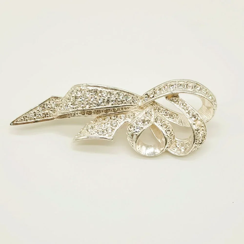 Coro Silver Crystal Ribbon Brooch. Women's Silver Cluster Spray Bow Pin Jewelry